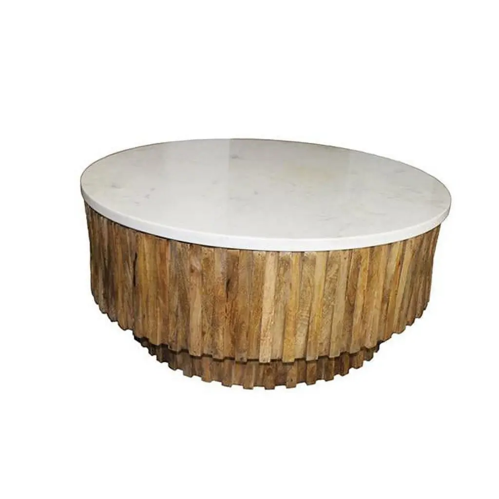 HomeRoots 19 x 42 x 42 Round Marble Top Wooden Strips Coffee Table White Brown