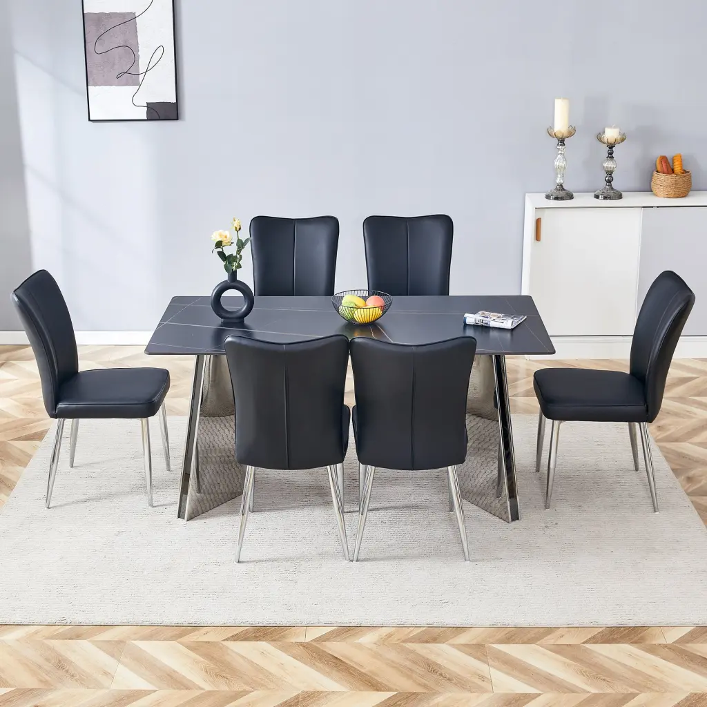 Black Marble Patterned Table and Chair Set 63x31.5x30 Inches droom w-1151