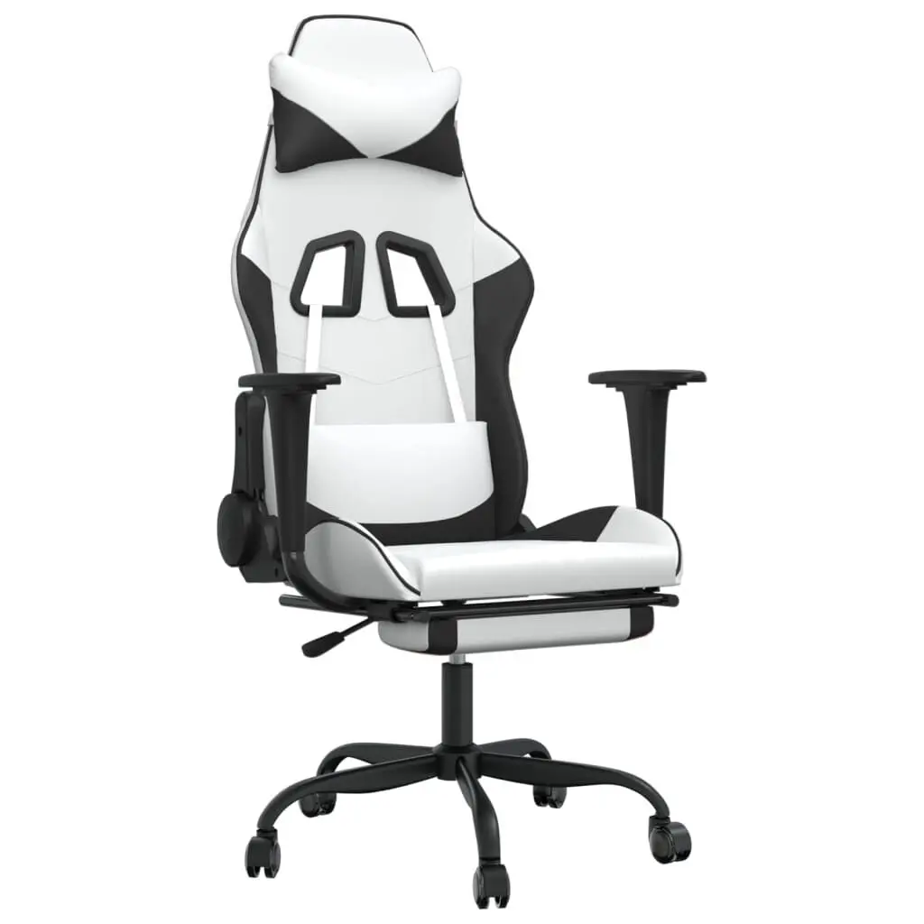 Massage Gaming Chair Footrest White Black Faux Leather Ergonomic Chair