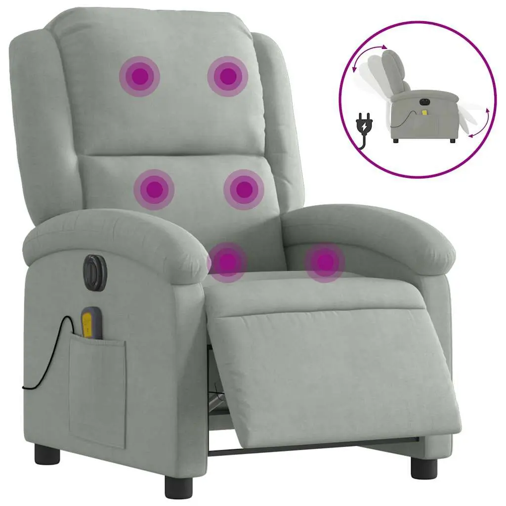 Electric Massage Recliner Chair Light Gray Velvet Heat and Vibration