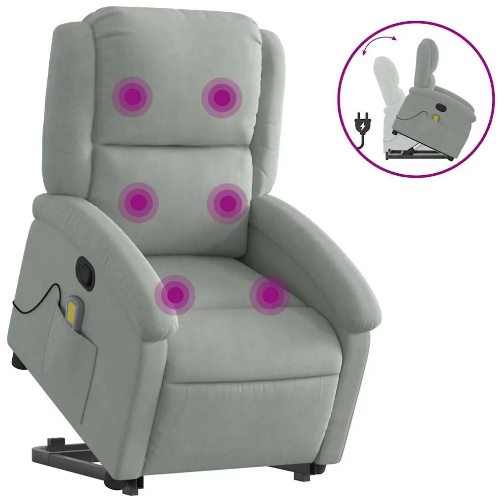 Stand Up Massage Recliner Chair Light Gray Velvet Heat and Vibration
