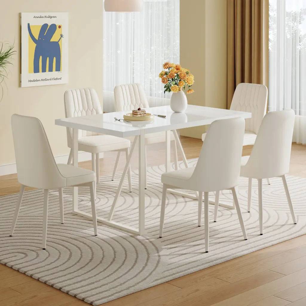 55x31.5 Inch Cream Style White MDF Dining Table Set 6 Armless Cream Chairs droom w-1151