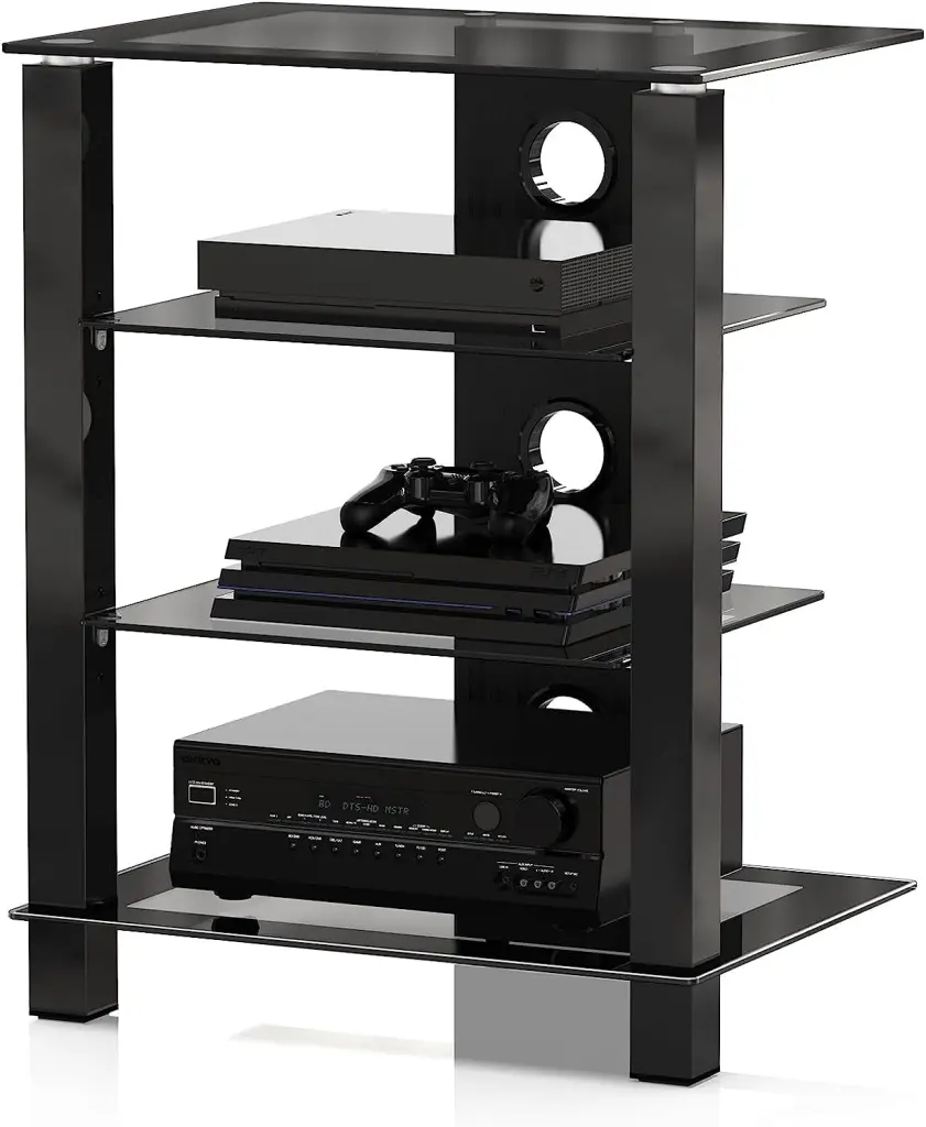 4-Tier AV Media Cabinet Adjustable Glass Shelves Gaming and Audio Equipment LukeMax