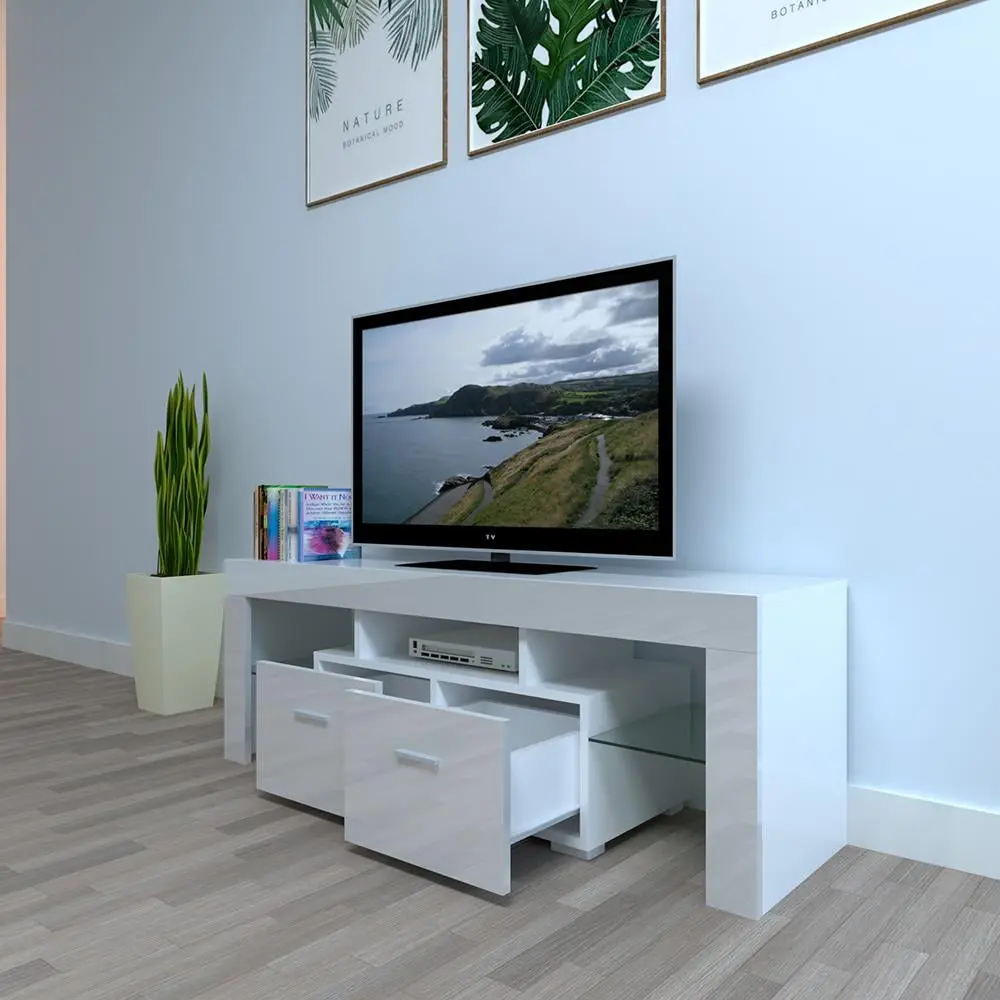 SamyoHome TV Cabinet 2 Storage Drawers High Gloss Adjustable Lights Media Center Furniture White