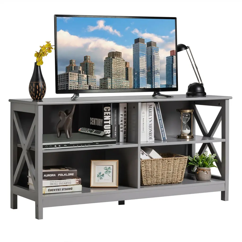 Gymax TV Stand Entertainment Media Center 55 Inch TVs Storage Shelves Gray