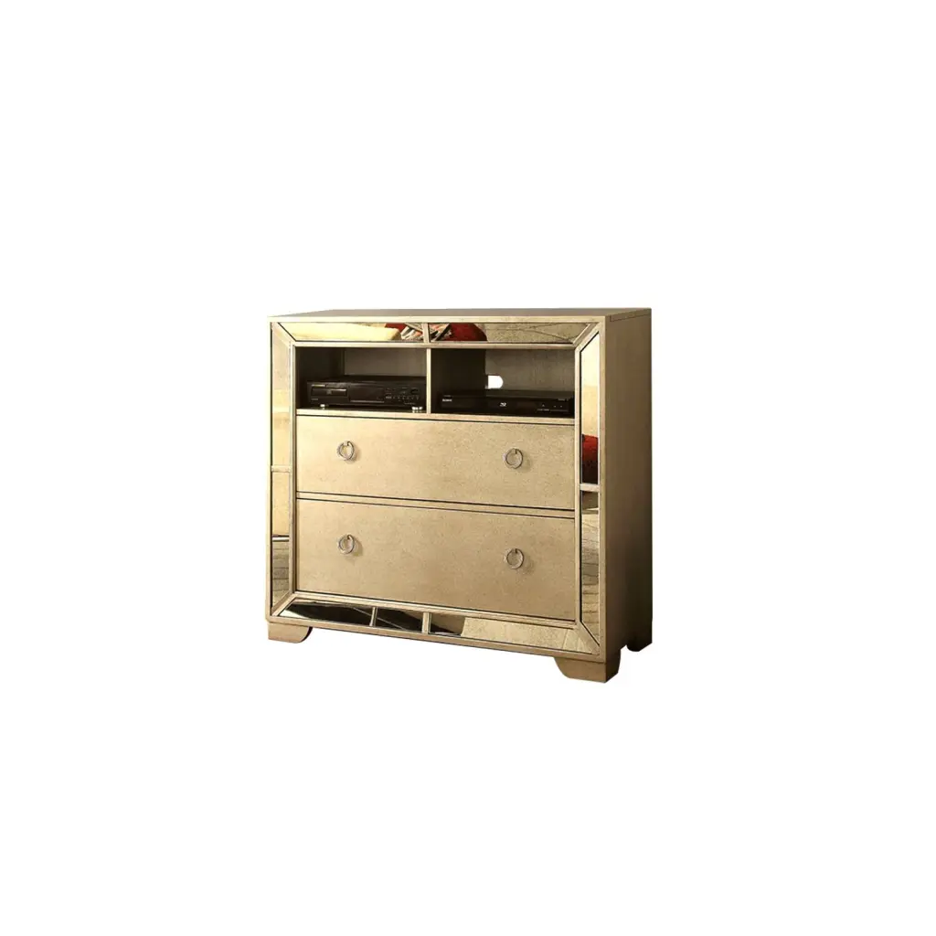 Benzara 2 Drawers Wooden Media Chest Loop Metal Handles Gold