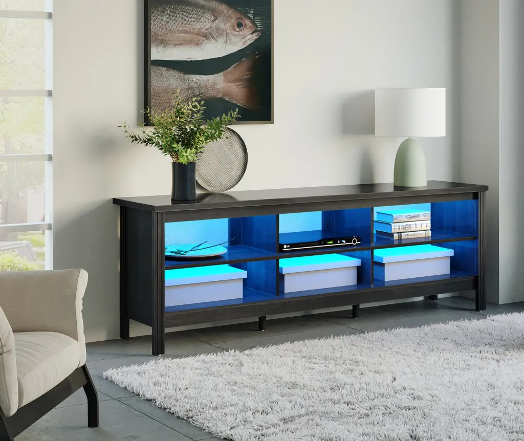 LED TV Stand 75 Inch TVs 6 Open Shelves Media Console Entertainment Center Black FITUEYES