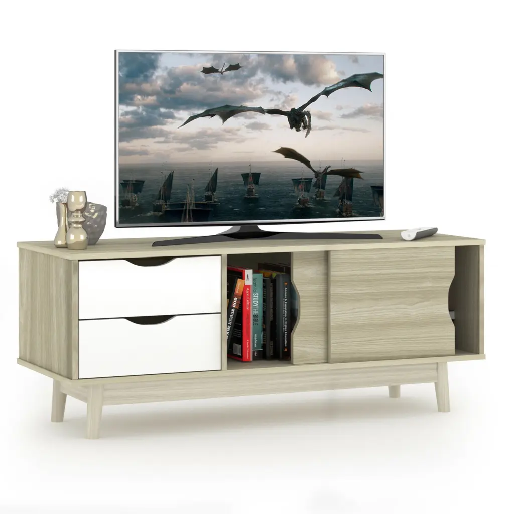 Gymax TV Stand TV up to 60 Media Console Table Storage Doors Oak Finish