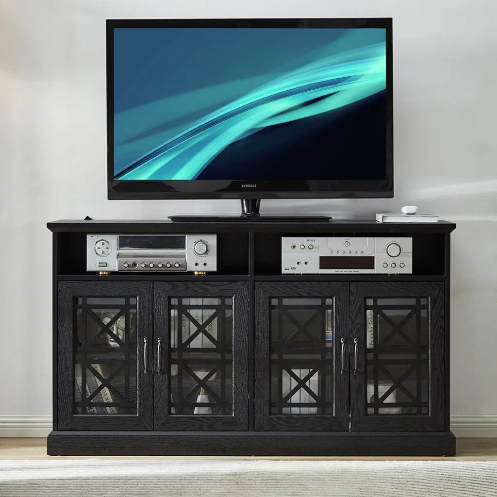 53 Inch TV Console Storage Buffet Cabinet Sideboard Black Wood Grain jaydenmax