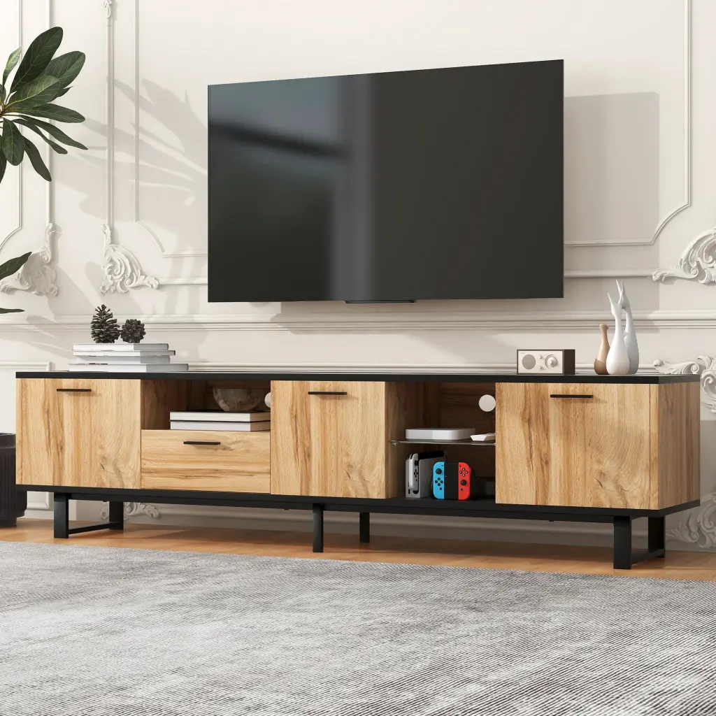 Modern TV Stand 4 Cabinets Open Shelves Hue Matching Media Console mrs
