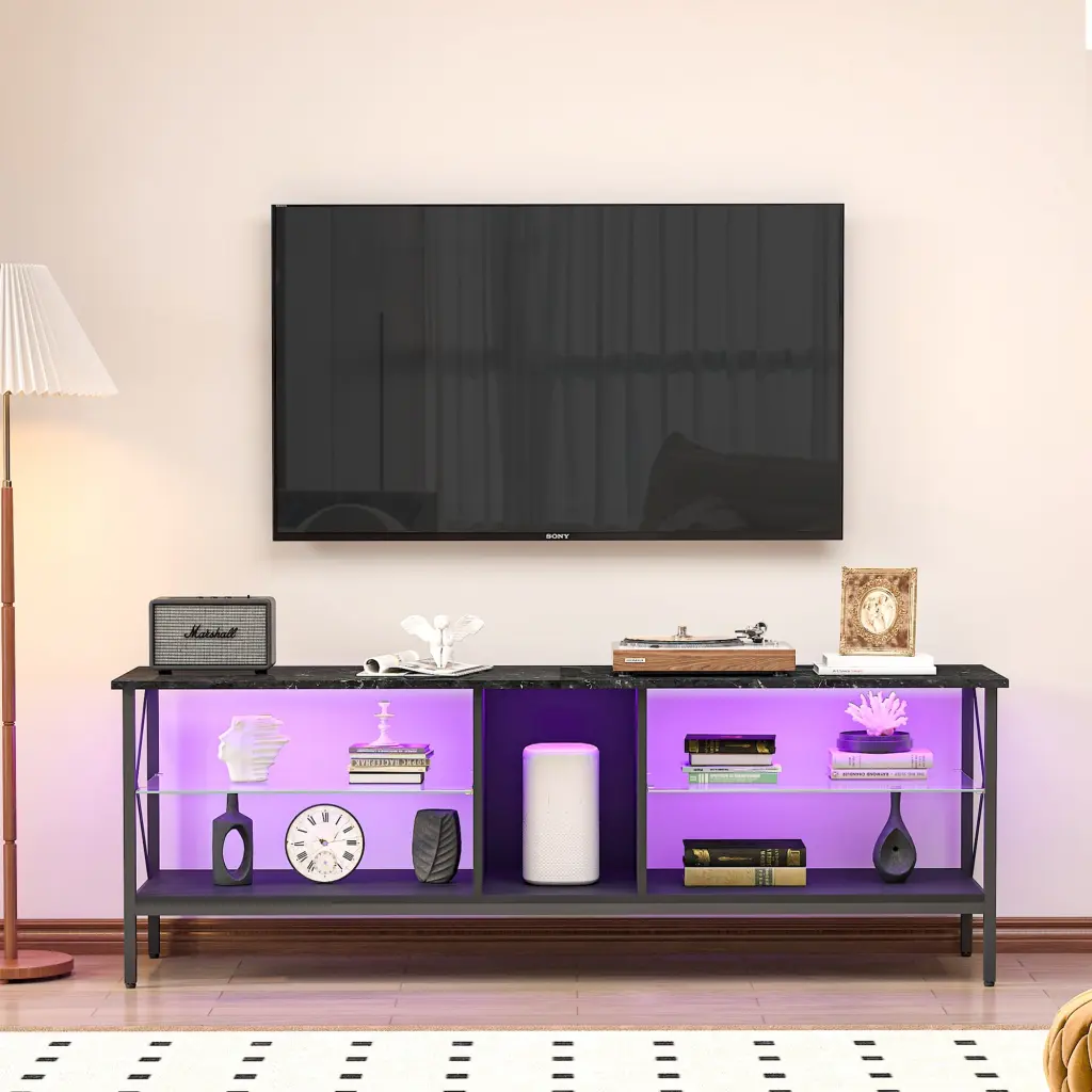 Iron TV Stand LED Lights and Remote Control, Toughened Glass Media Console Living Room or Bedroom, Black Marble Texture OM...