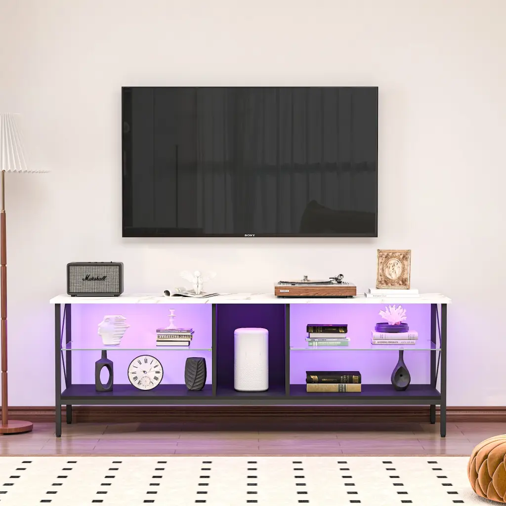 Iron TV Stand LED Lights and Remote Control, Toughened Glass Media Console Living Room or Bedroom, White Marble Texture OM...