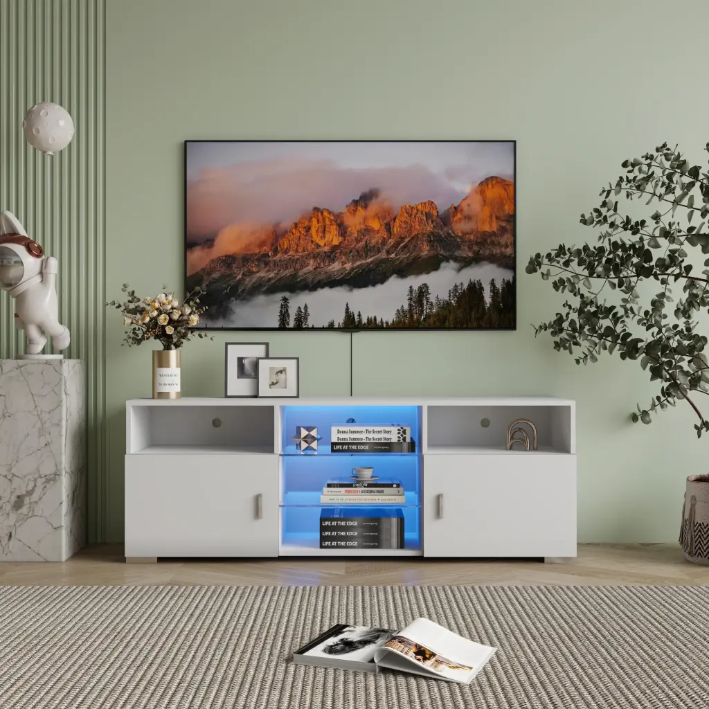 TV Stand 32-60 Inch TVs, Modern Media Console Drawer and LED Lights, Matt Entertainment Center Living Game Room Bedroom OM...