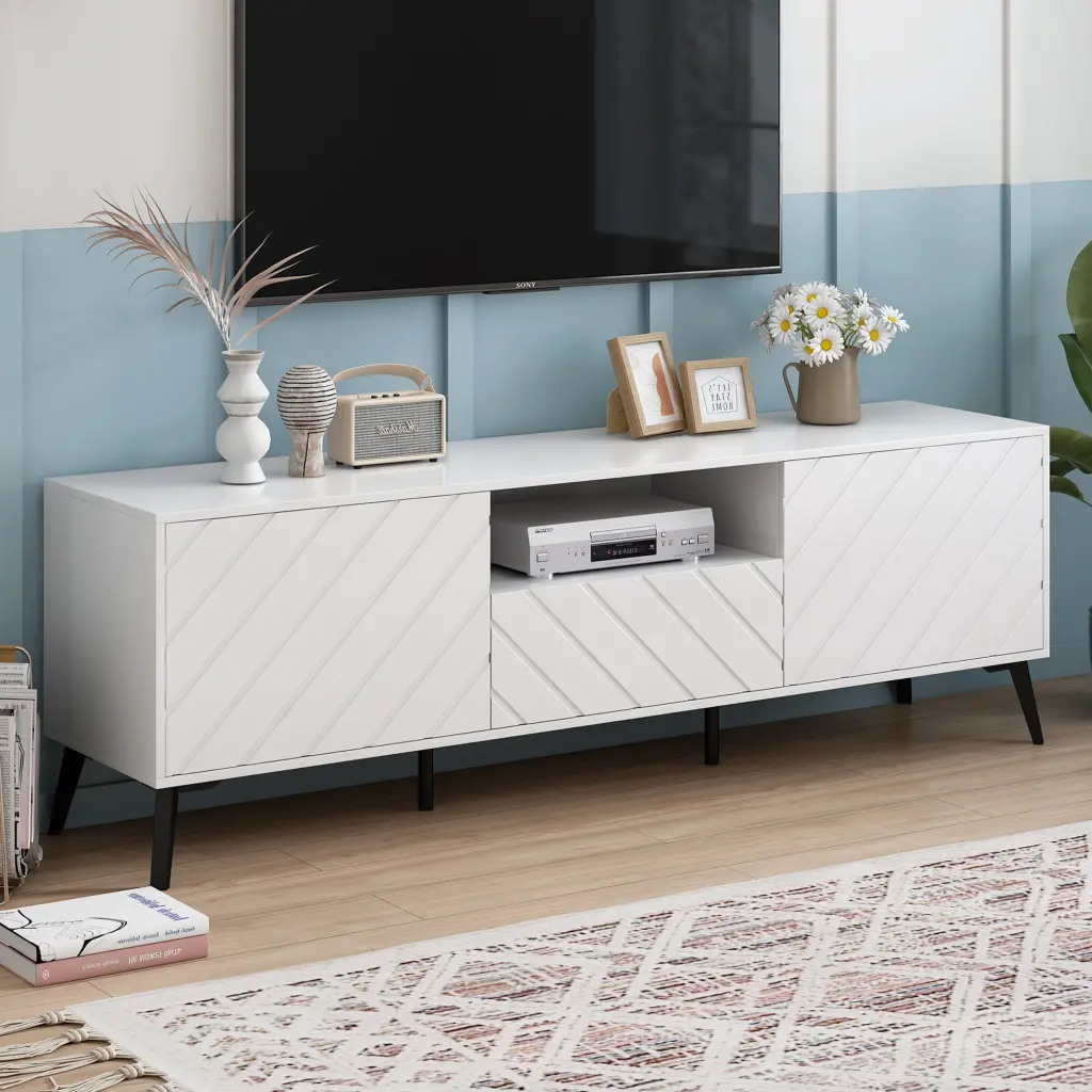 TV Stand 70 Inch TV Adjustable Shelves 1 Drawer and Open Shelf Metal Feet OMCCHK