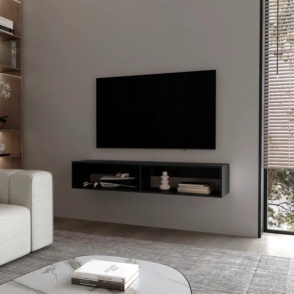 Black 2 Shelf Central Floating Media Rack Living Room TV Stand furniture max