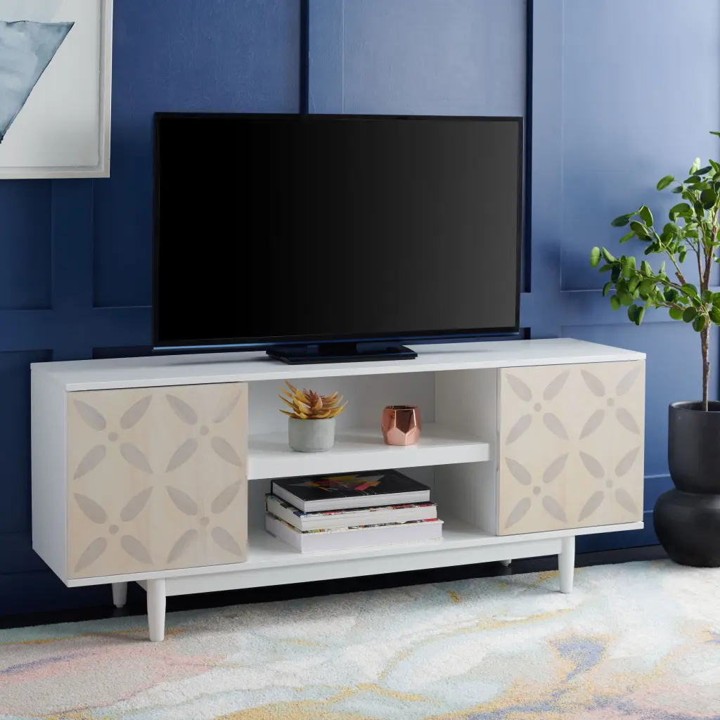 SAFAVIEH Faye 3 Shelf Patterned Media Stand White Washed 54 Inch Wide