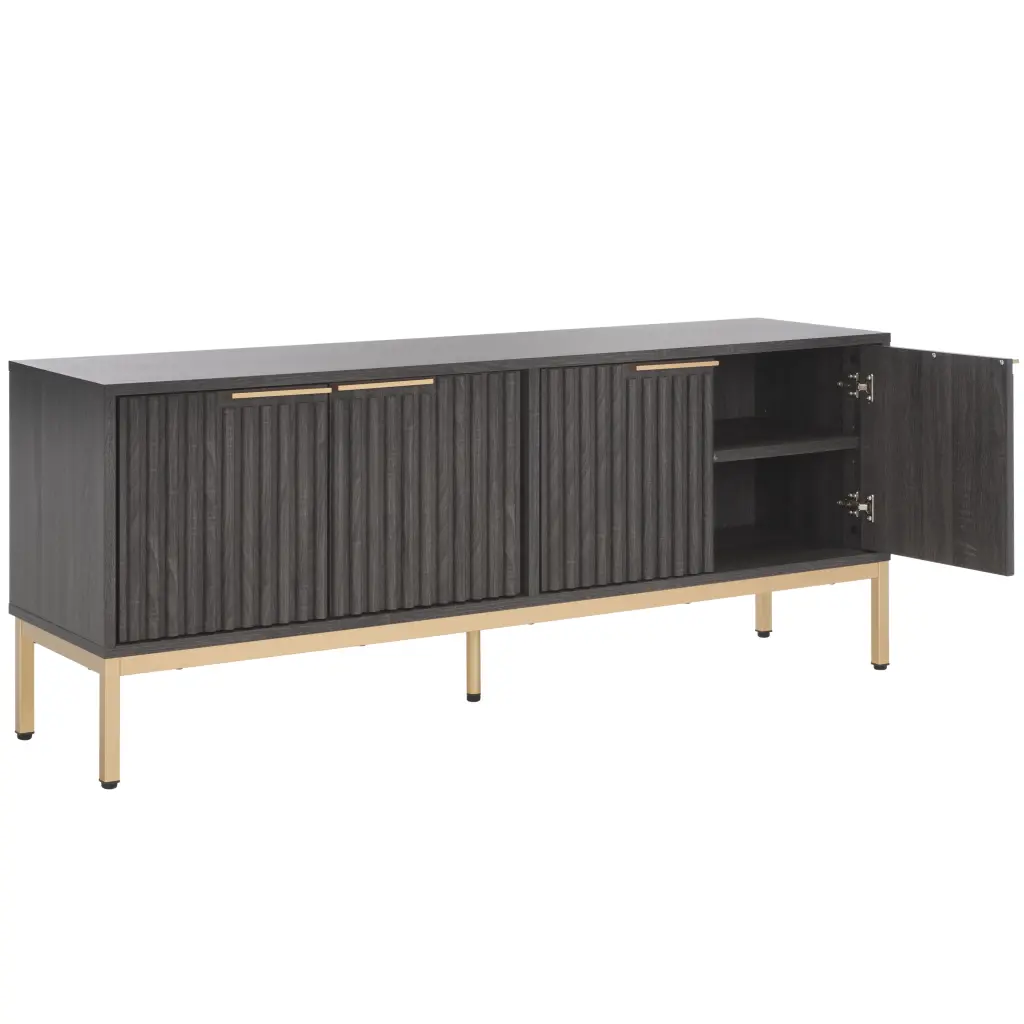 SAFAVIEH Lylia 4 Door Media Stand Distressed Black Finish and Gold Legs - 60.8 Inch Wide