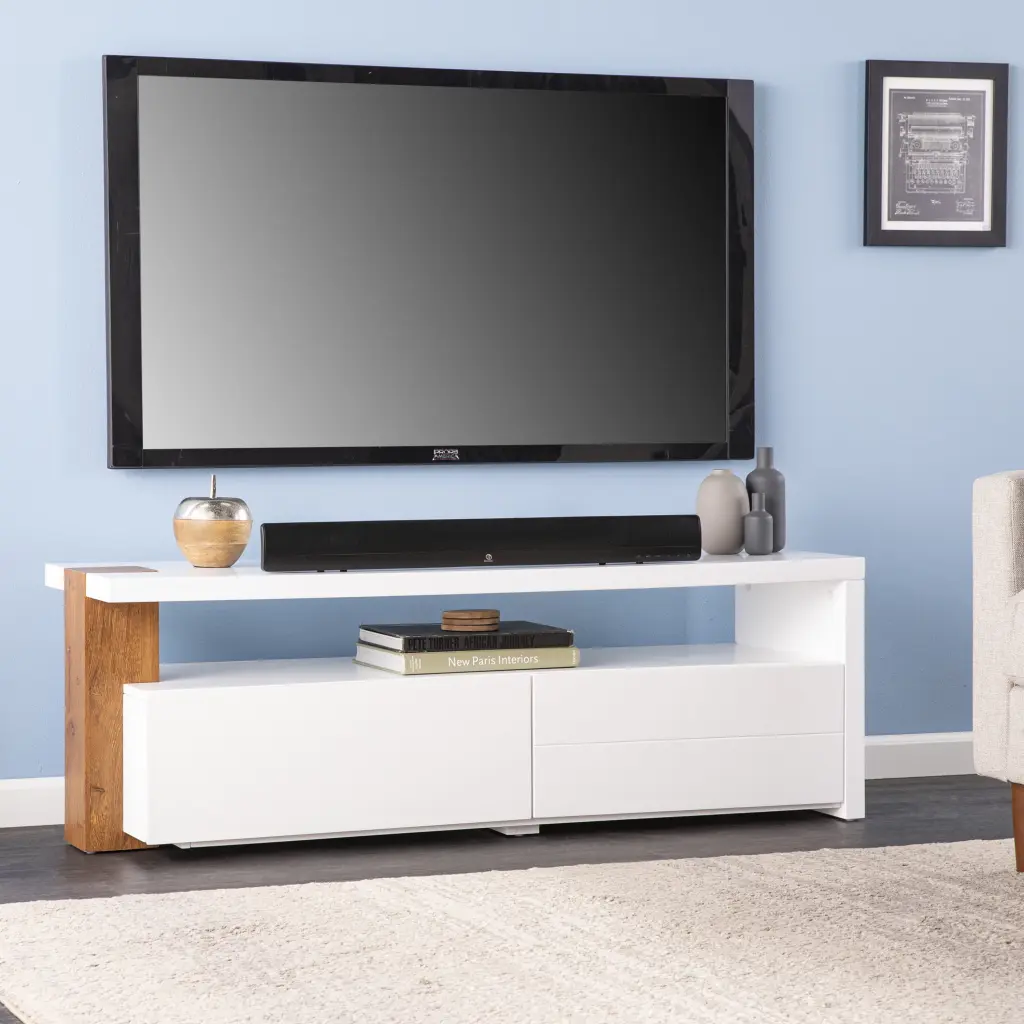 SEI Haristal Contemporary Style Media Stand Storage White and Brown Finish Southern Enterprises