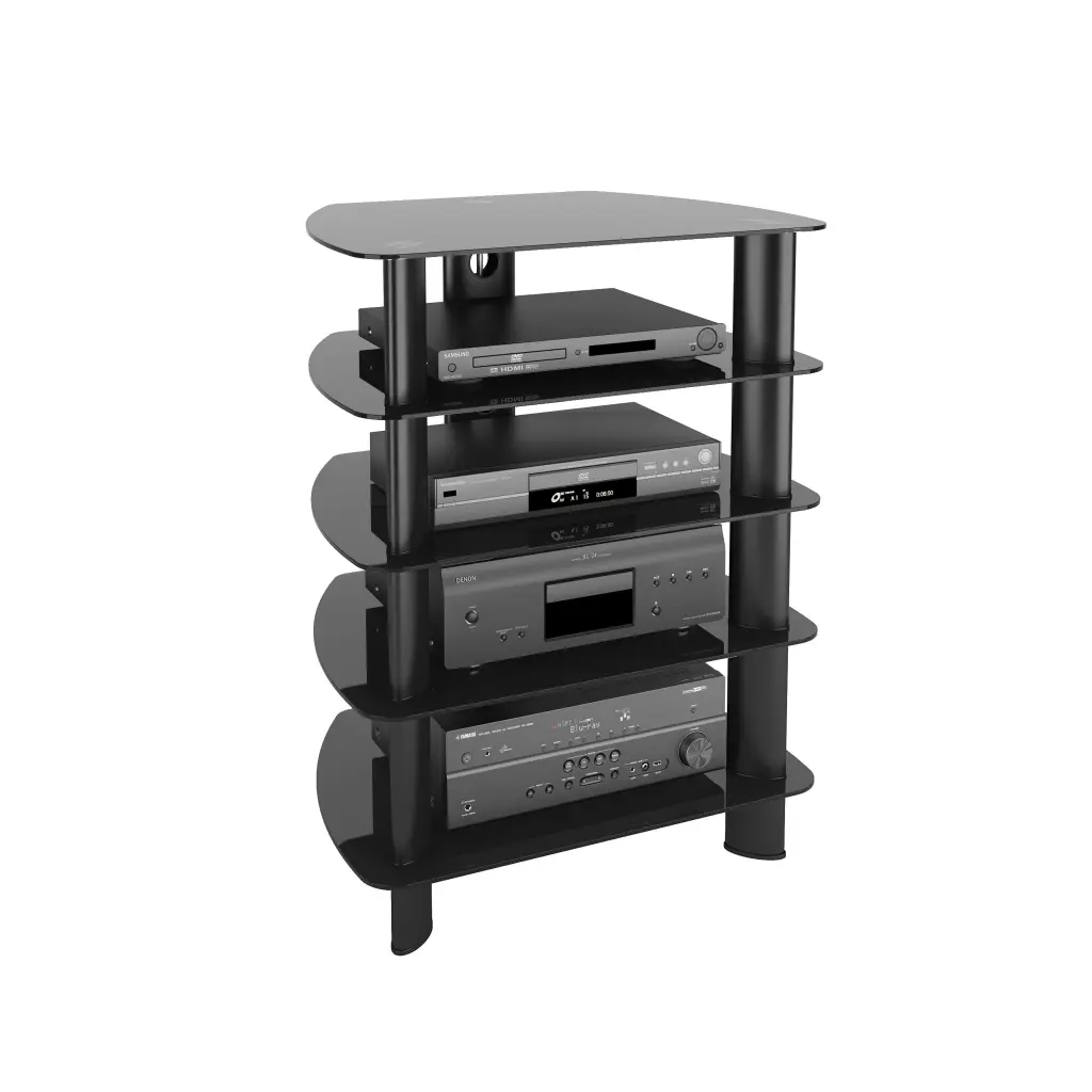 CorLiving Laguna Black Glass and Metal Media Storage Tower 5 Open Shelves