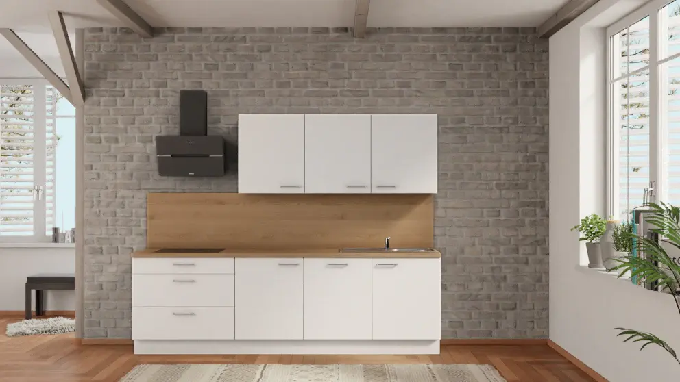 nobilia apartment kitchen Neubrandenburg 270 cm alpine white flat oak Provence complete hob