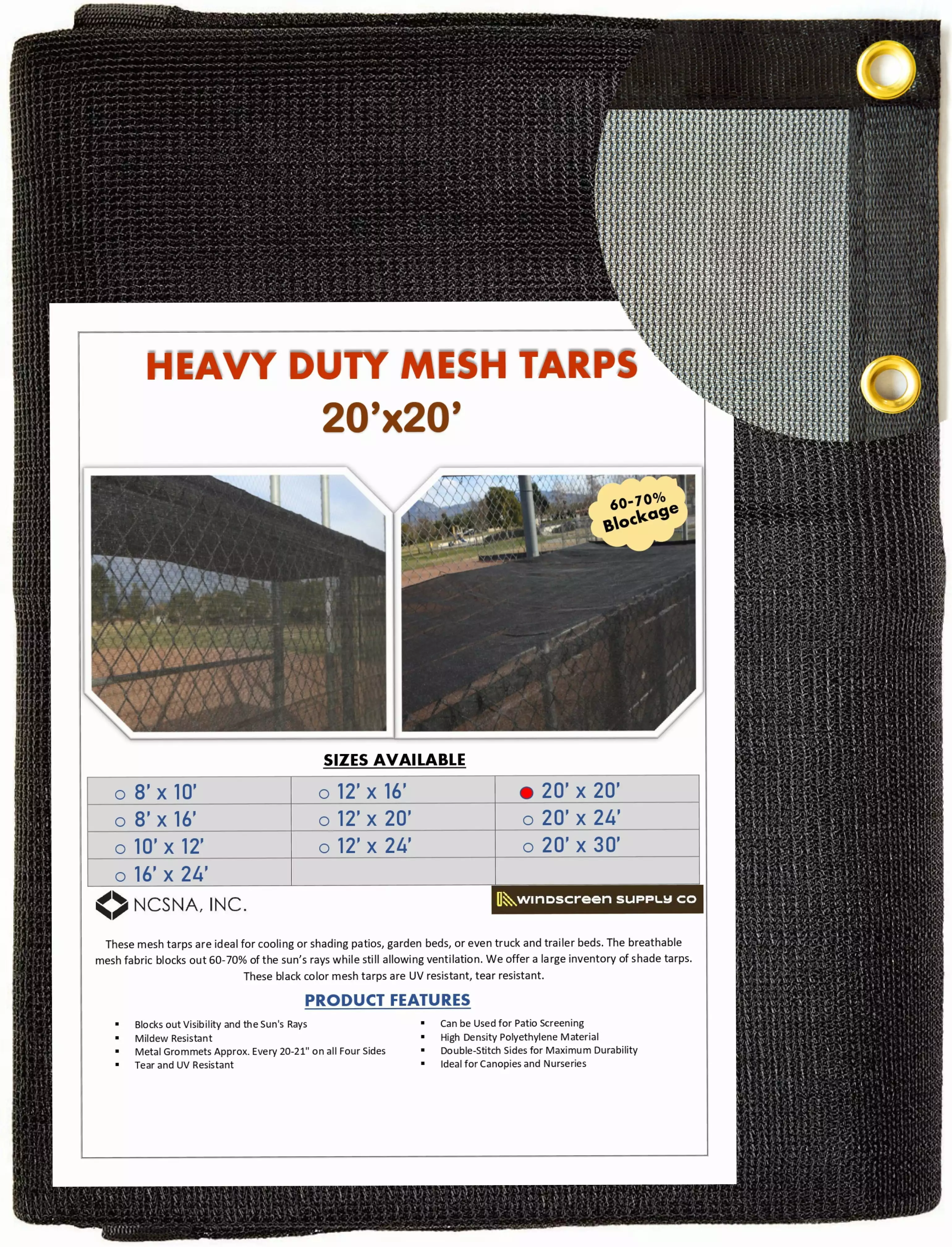 WindscreenSupplyCo 20' x 20' Heavy Duty Black Knitted Mesh Tarp Grommets 60-70% Shade 12