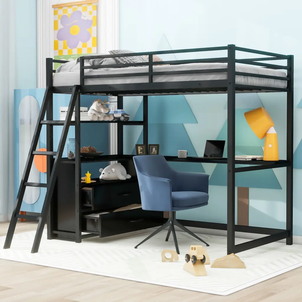 Metal and Wood Loft Bed Desk and Shelves Twin Size Two Construction Options wm store