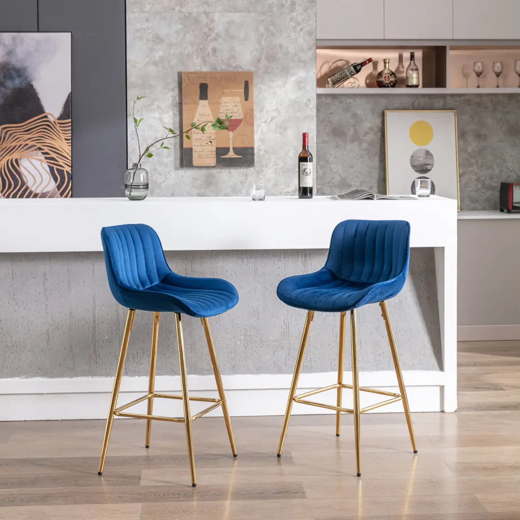 26 Inch Set 2 Bar Stools Alloy Metal Frame Footrest Velvet Material Counter Stools weehaa furniture