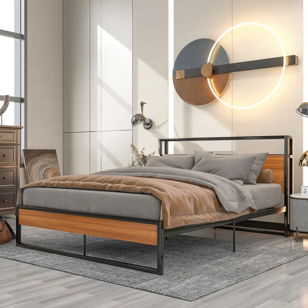 Queen Metal Platform Bed Frame USB Ports And Slat Support lucky furniture