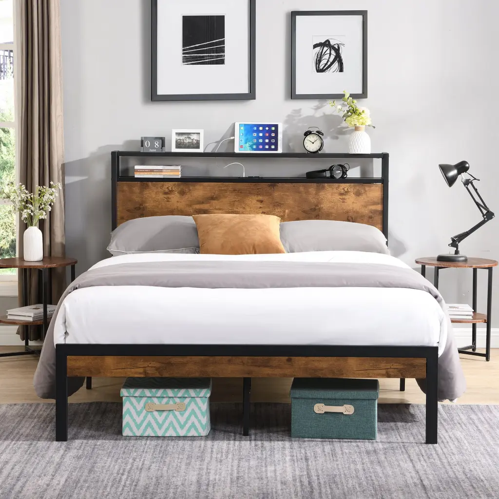 King Size Metal Platform Bed Frame Wooden Headboard and Footboard civilfurniture