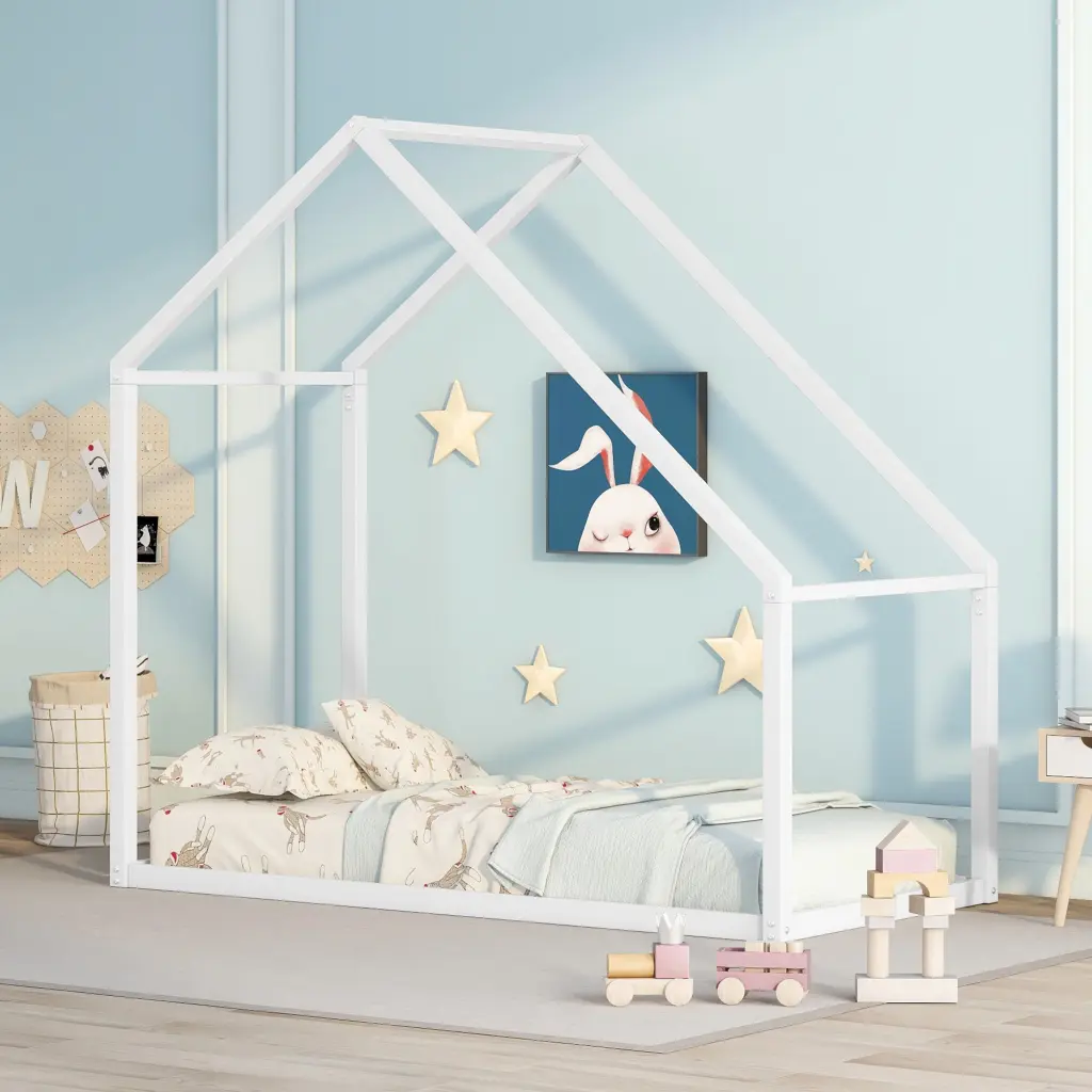 Twin Dimensions Metal Houtilize Bed Kids Bed White Metal Frame lucky furniture