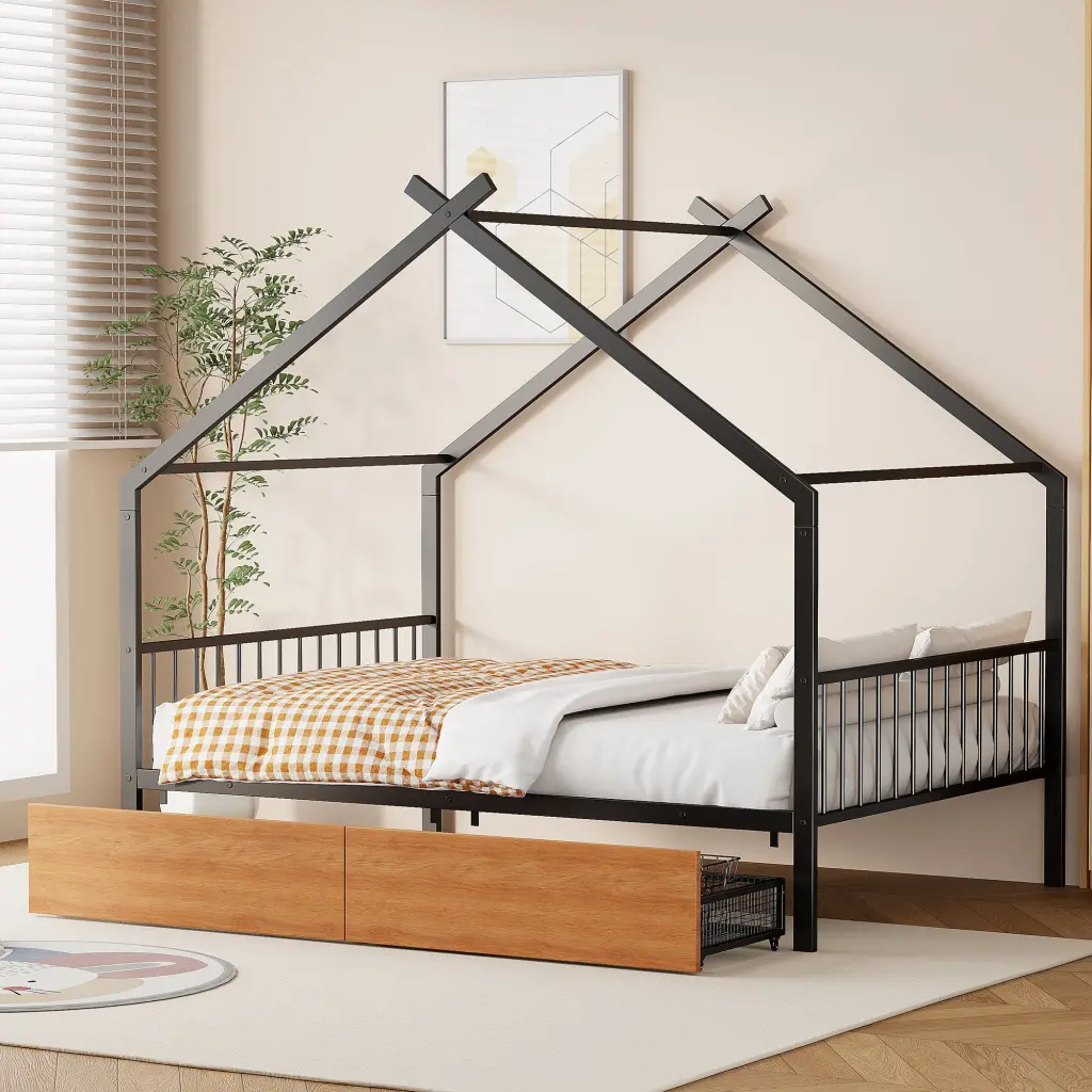 Full Metal Platform Bed Two Storage Drawers Black Finish lucky world