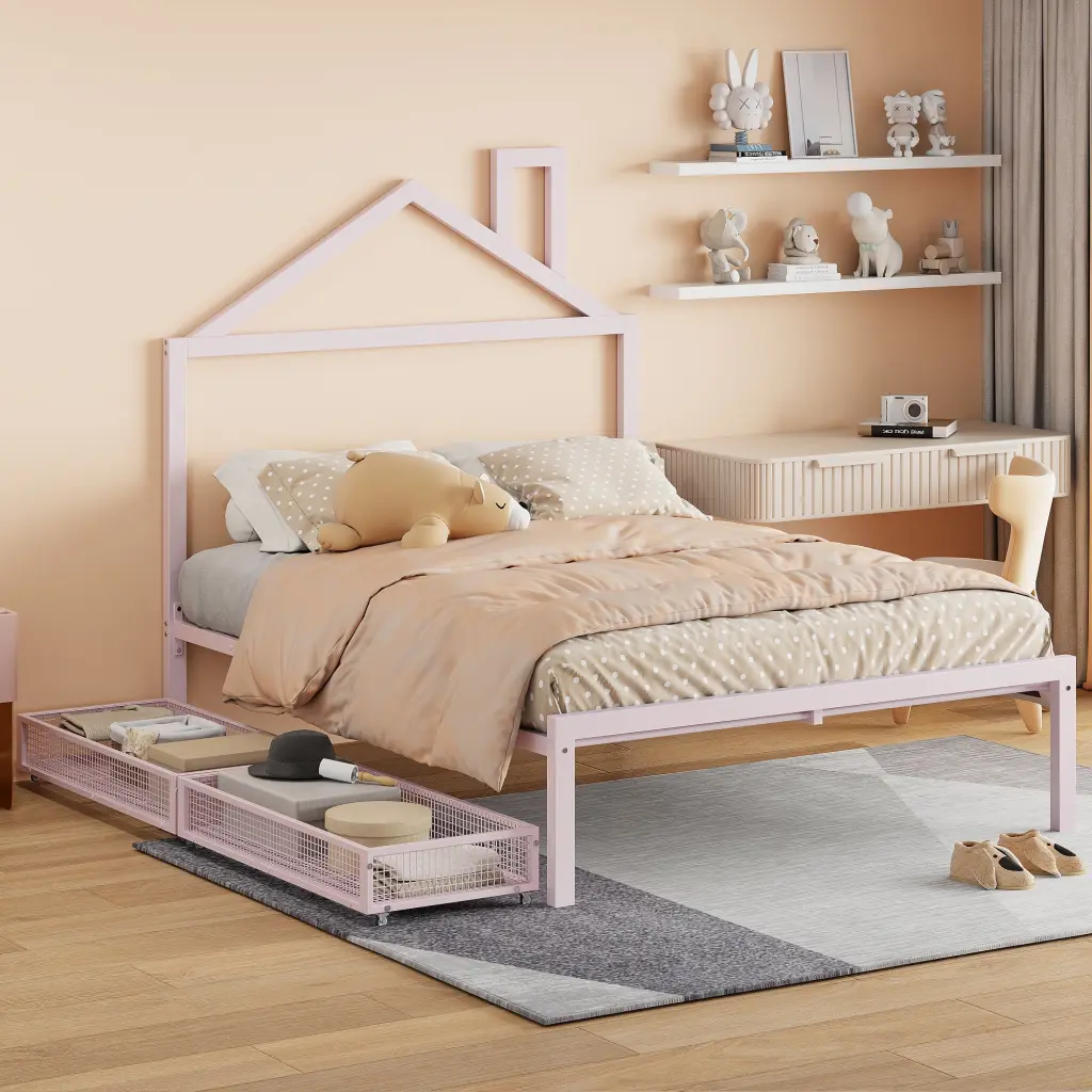Full Size Metal Platform Bed Two Drawers and Houtilize Influenced Headboard lucky world