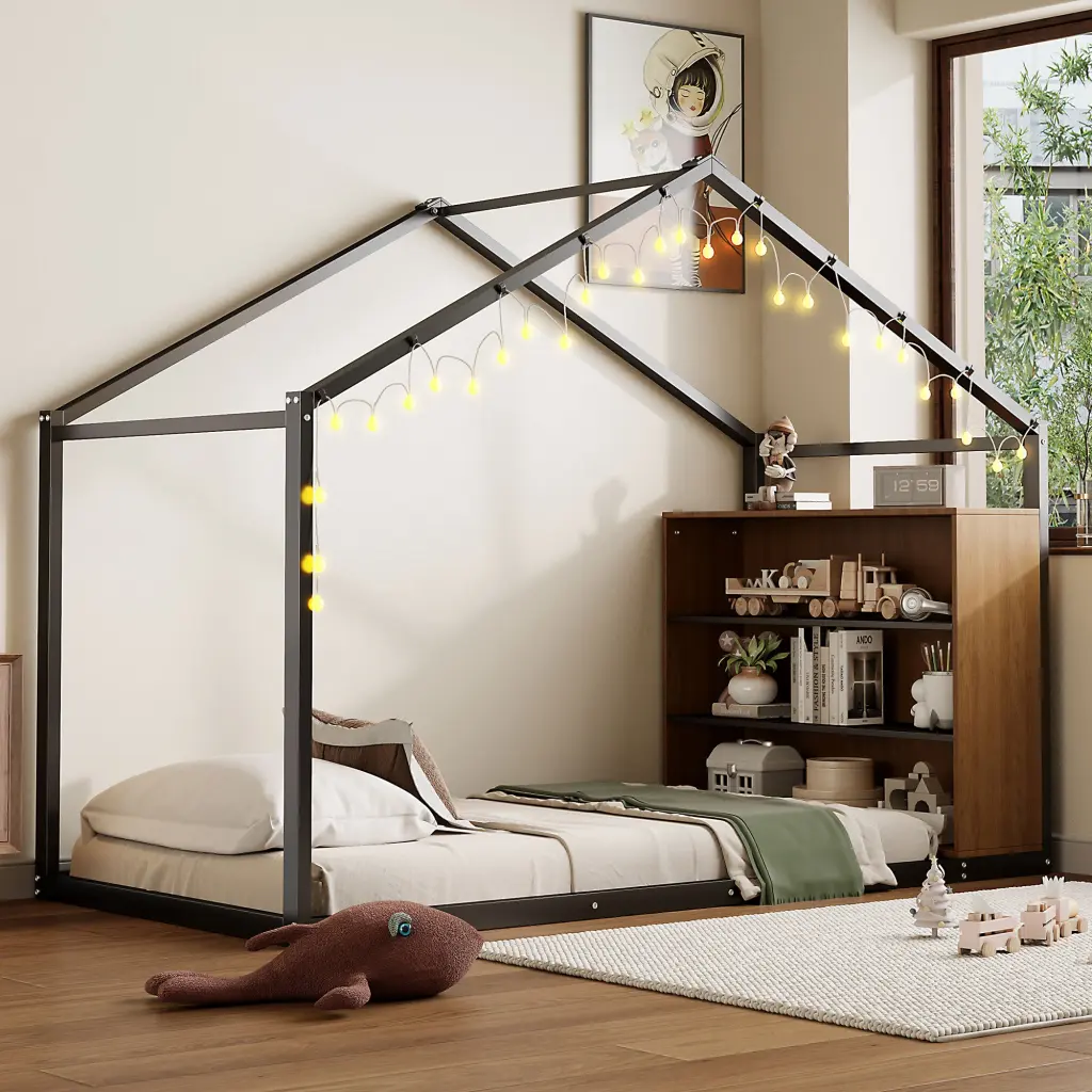 Twin Size Metal Bed Frame Shelves and Lights Black Modern Design lucky world