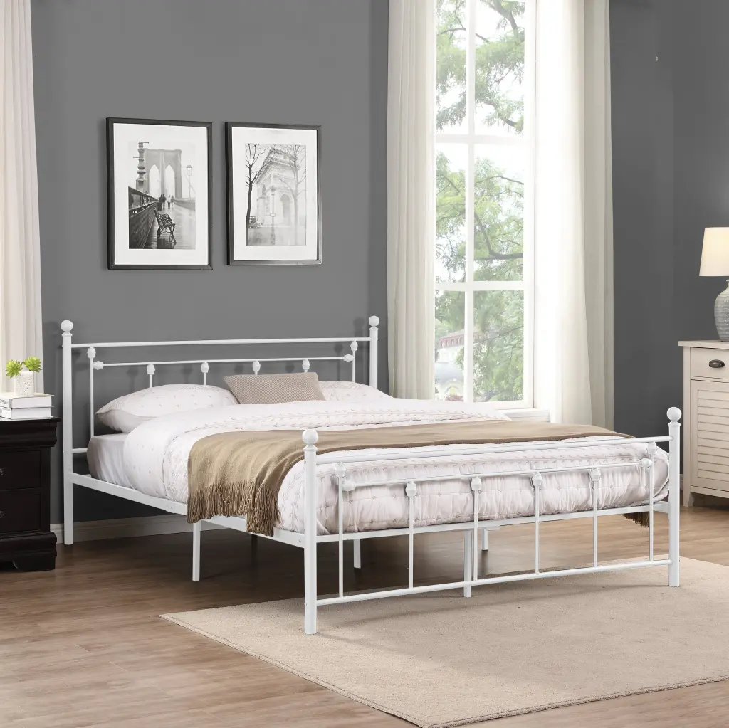 Queen Size Metallic Bed Frame Headboard and Footboard White top corporation