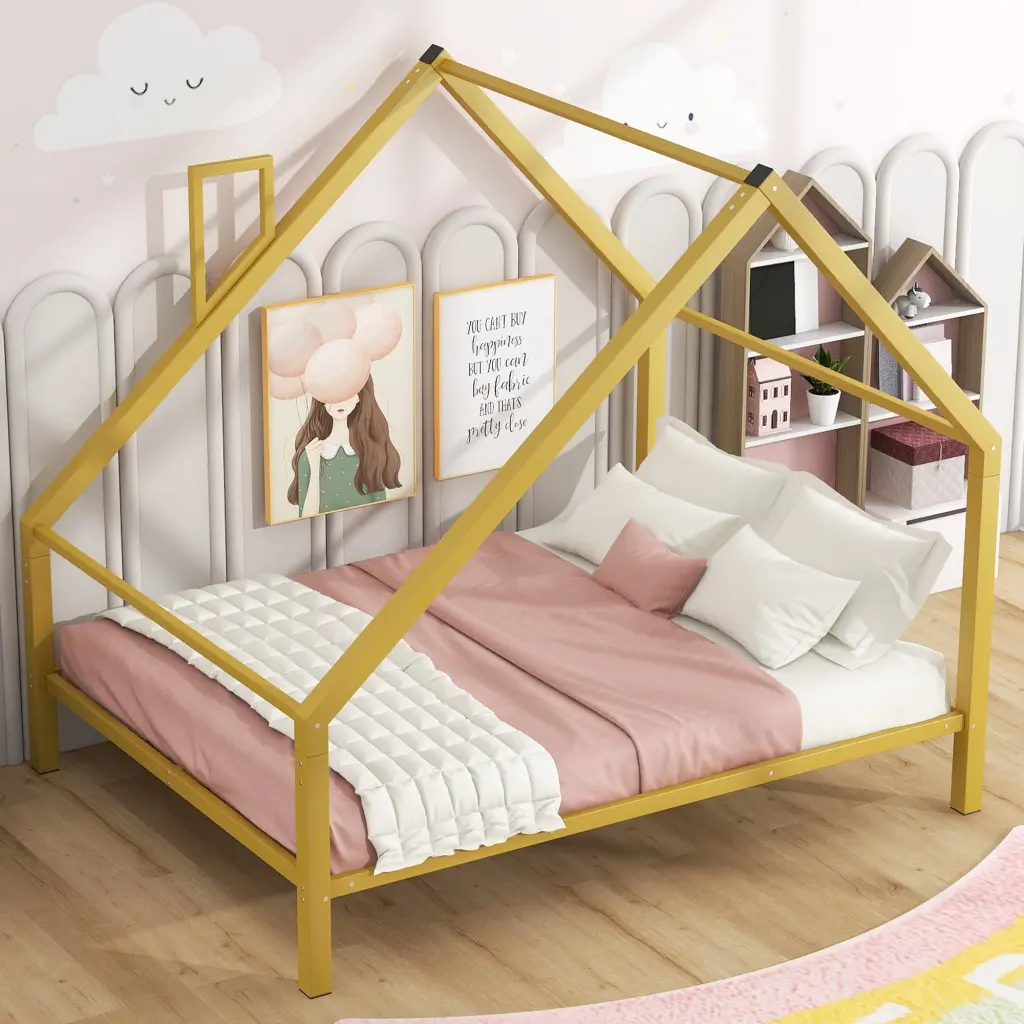 Full Size Metal Platform Bed Headboard and Footboard Gold Finish wm dreamland