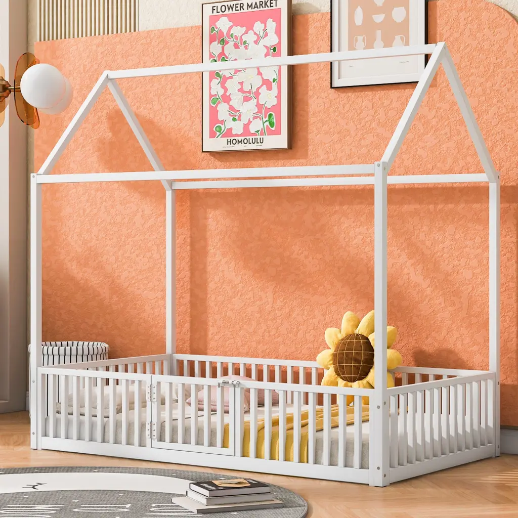 Twin Metal Houtilize Bed Fence and Door White Metal Frame wm dreamland