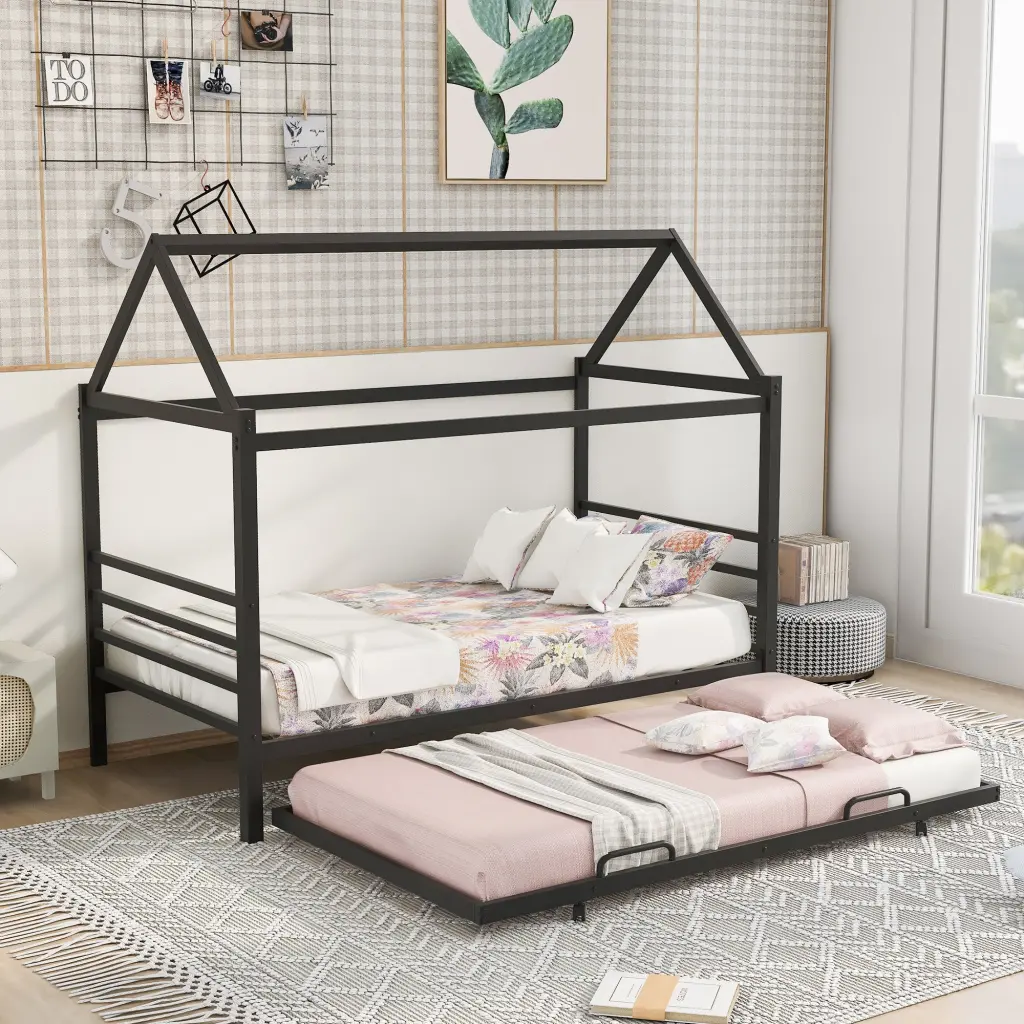 Twin Size Metal Platform Bed Trundle Black Finish No Box Spring Needed wm store