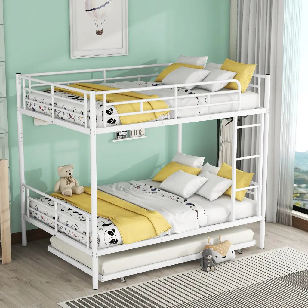 Full Over Full Metal Bunk Bed Trundle White Iron Kids Bunk Bed lucky furniture