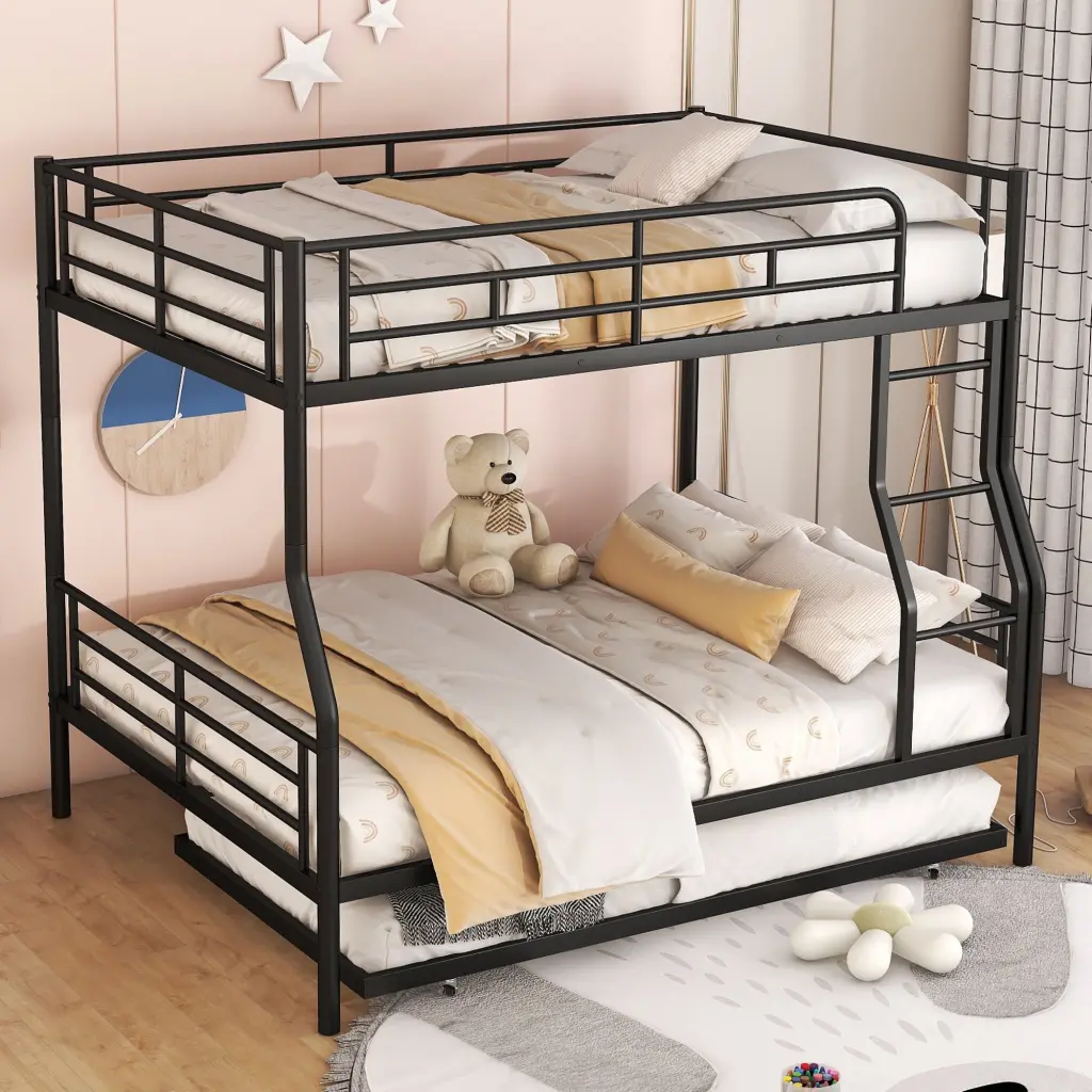 Full XL Over Queen Metal Bunk Bed Trundle Black Industrial Style lucky furniture