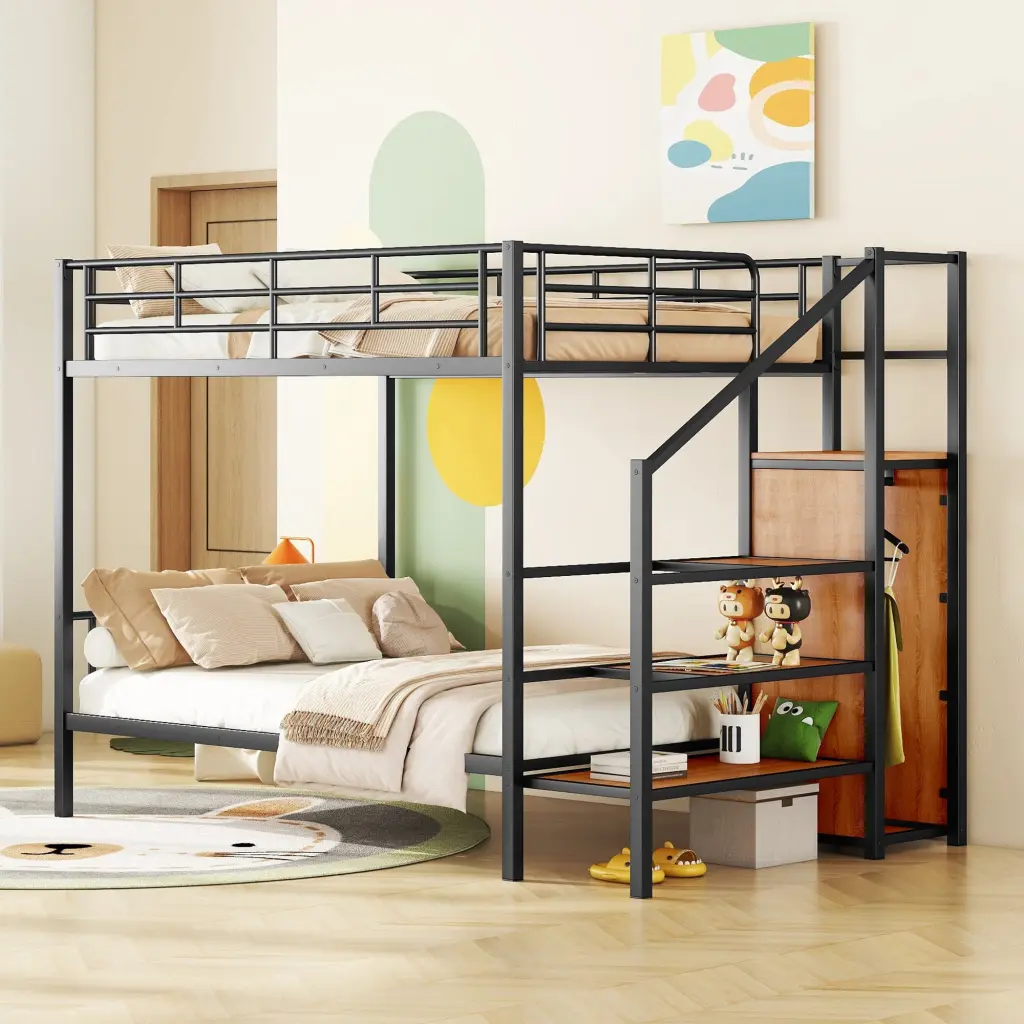 Full Over Full Metal Bunk Bed Lateral Storage Ladder And Wardrobe lucky world