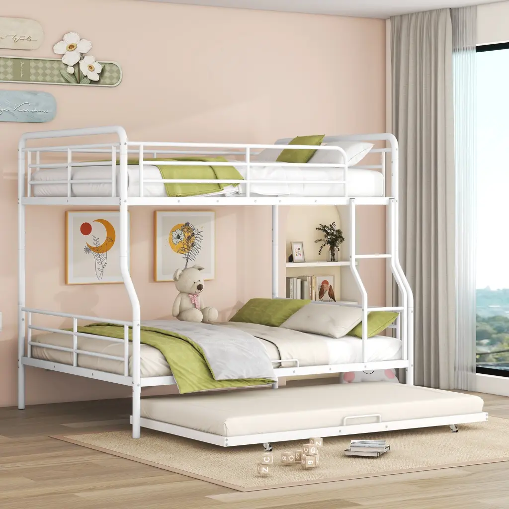 Full XL Over Queen Metal Bunk Bed Twin Trundle White Space Saving Bunk Bed lucky world
