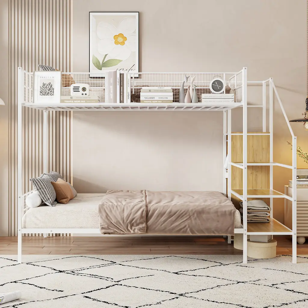 Twin Over Full Metallic Bunk Bed Wire Shelving And Lateral Storage Ladder lucky world