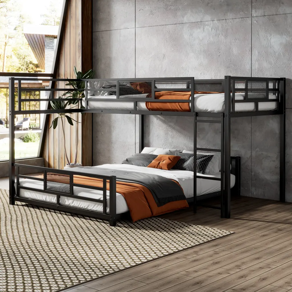 L Shaped Metal Twin Over Full Size Bunk Bed Black Finish No Box Spring Needed wm dreamland