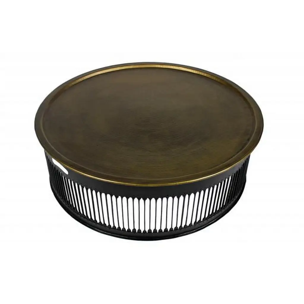 HomeRoots 44 Inch Round Black Drum Shaped Brass Coffee Table