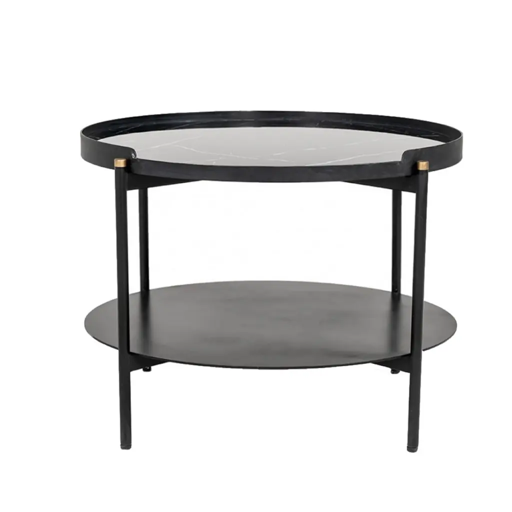 Round Metal Coffee Table Marble Painted Tray Top Black Saltoro Sherpi