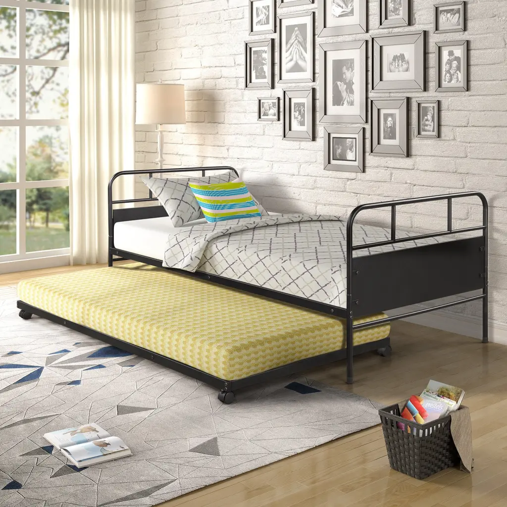 Metal Daybed Platform Bed Frame Trundle Constructed Casters Twin Size lucky furniture
