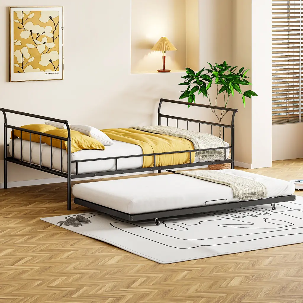 Full Size Metal Daybed Curved Handle Design And Twin Size Trundle Bed lucky world