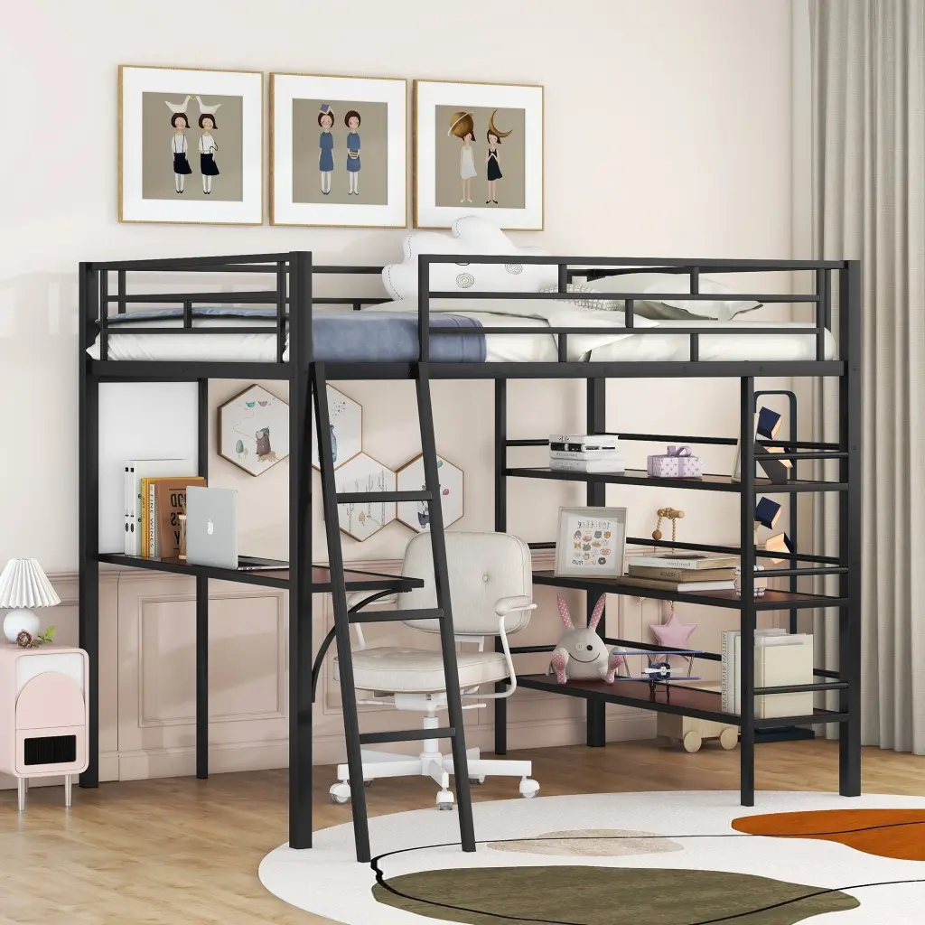 Full Size Loft Metal Bed 3 Layers Shelves And Desk Chic Modern Design lucky world