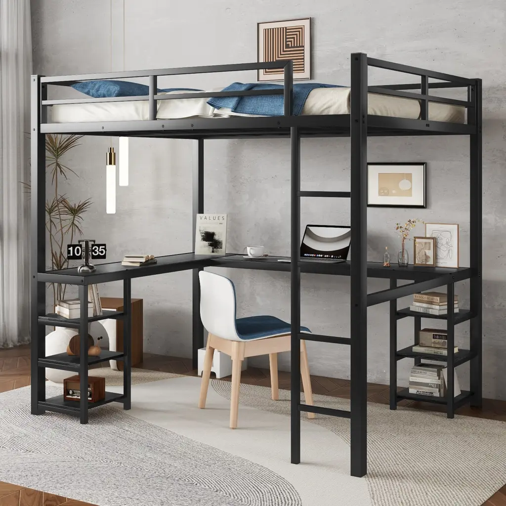 Full Metallic Loft Bed Desk and Shelves Including Ladder and Guardrail bonwell