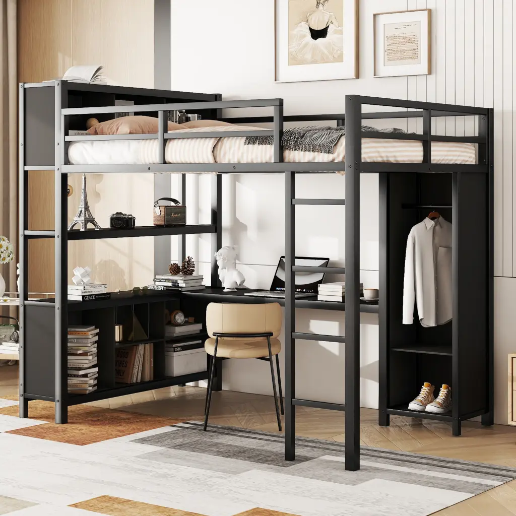 Metal Loft Bed Wardrobe And L Shaped Desk Full Size bonwell
